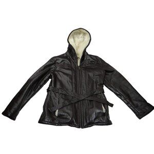 Wilsons Leather Hooded Shearling Lined Belted Jacket M Dark Brwn Matching Gloves
